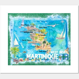 Martinique Illustrated Travel Map With Roads Posters and Art